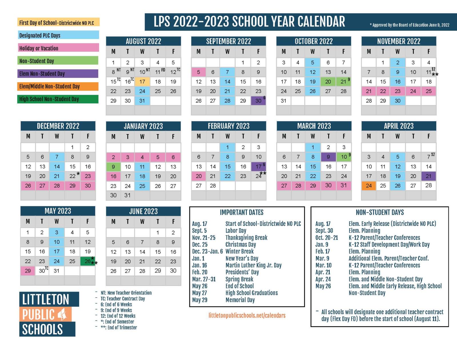 Littleton Public Schools calendar 2022-2023