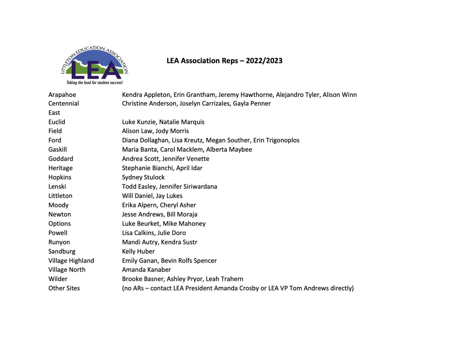LEA association reps (AR) list September 2022