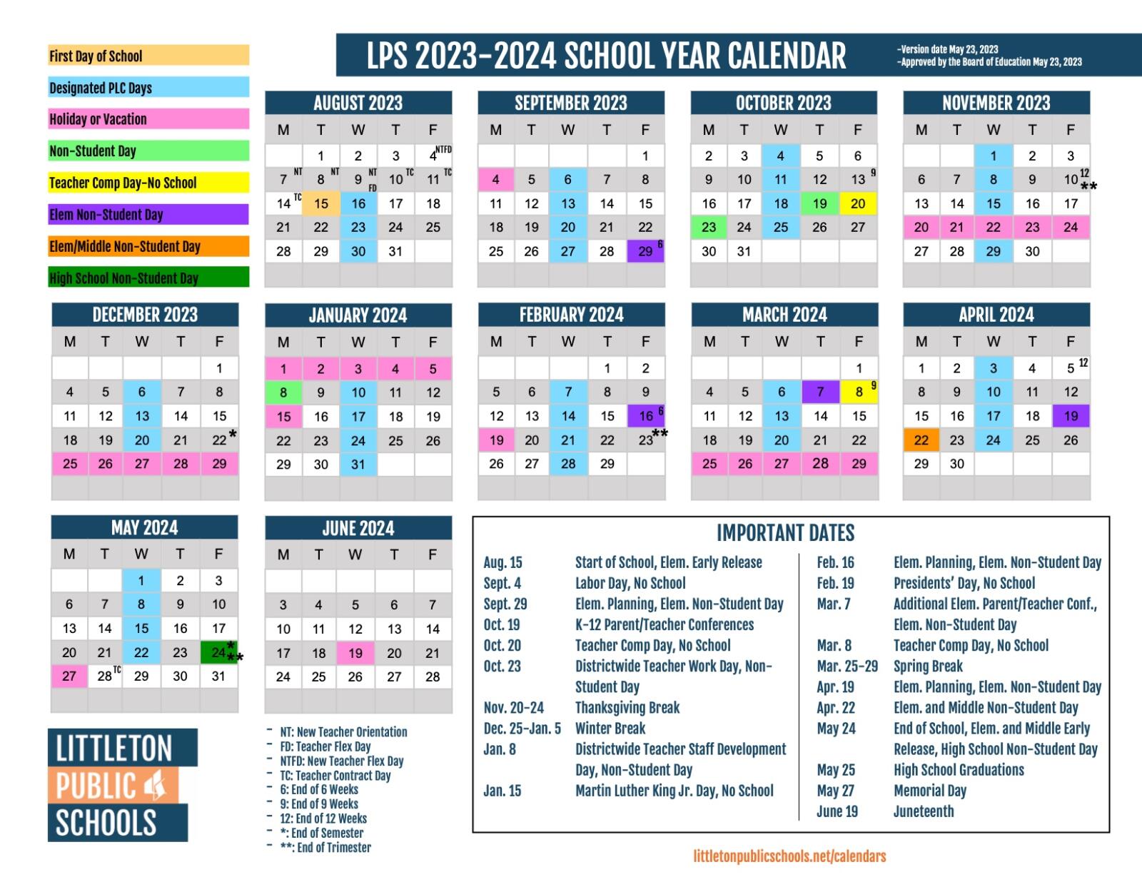 Lps 2023 2024 Fall Calendar School District Printable Monthly