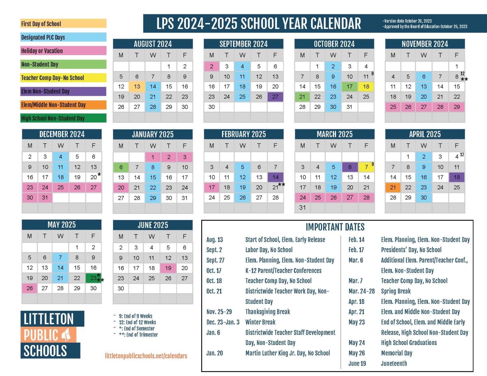 LPS school calendar 2024-2025