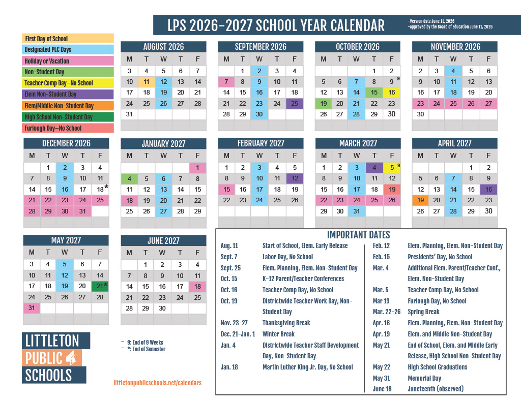 LPS Calendar 2026-2027 school year