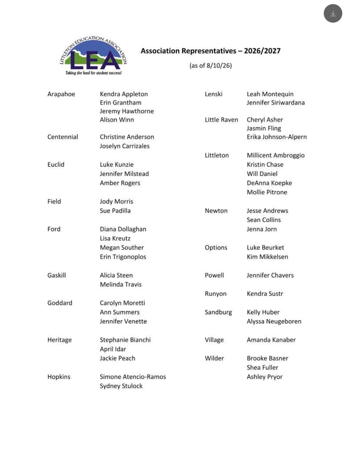 LEA AR list 2026-2027 Association Reps
